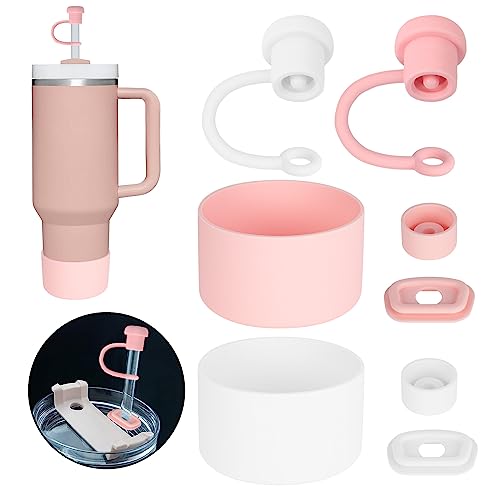 Silicone Spill Proof Stopper Set of 4, Compatible with Stanley Cup 1.0/2.0  All OZ, 8 Pcs Including 2 Straw Cover Cap, 2 Square Spill Stopper, 2 Round  Leak Stopper and 2 Boot Sleeve, White and Pink – Cfyouend